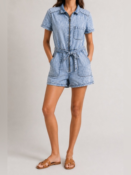 Mavi Pants - Mavi Jeans Light Wash Denim Zip Front Utility Romper Belted Short Sleeve Size M